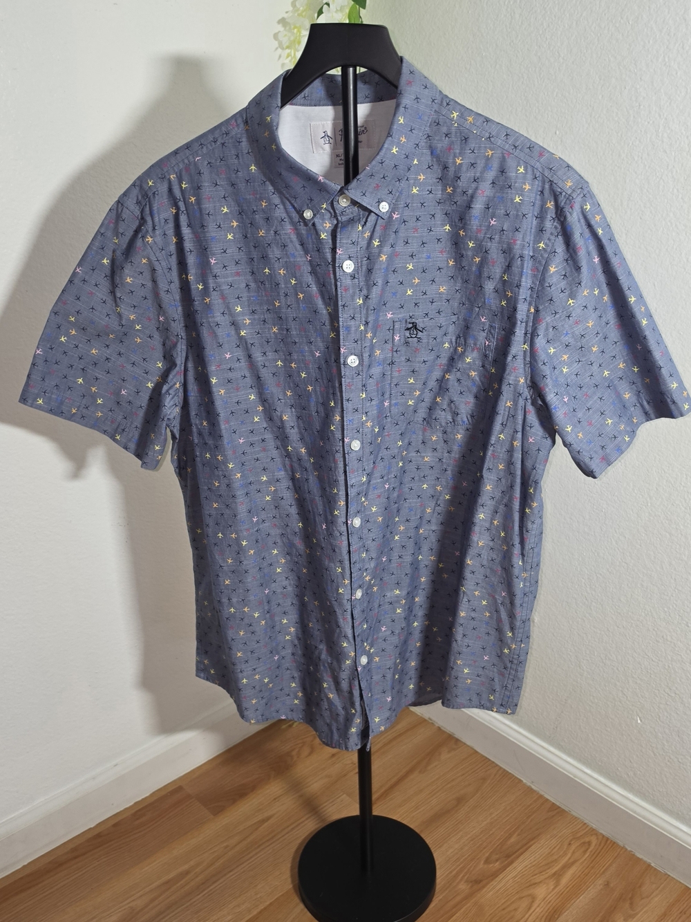 Original Penguin Short Sleeve Button-Down Shirt - Blue with Multicolor Print